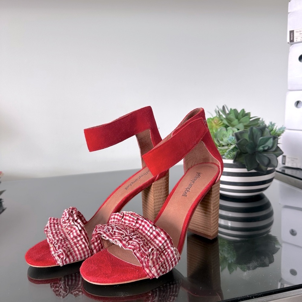 Red Gingham Heeled Sandals with Suede Accents and a Block Heel - Size 8